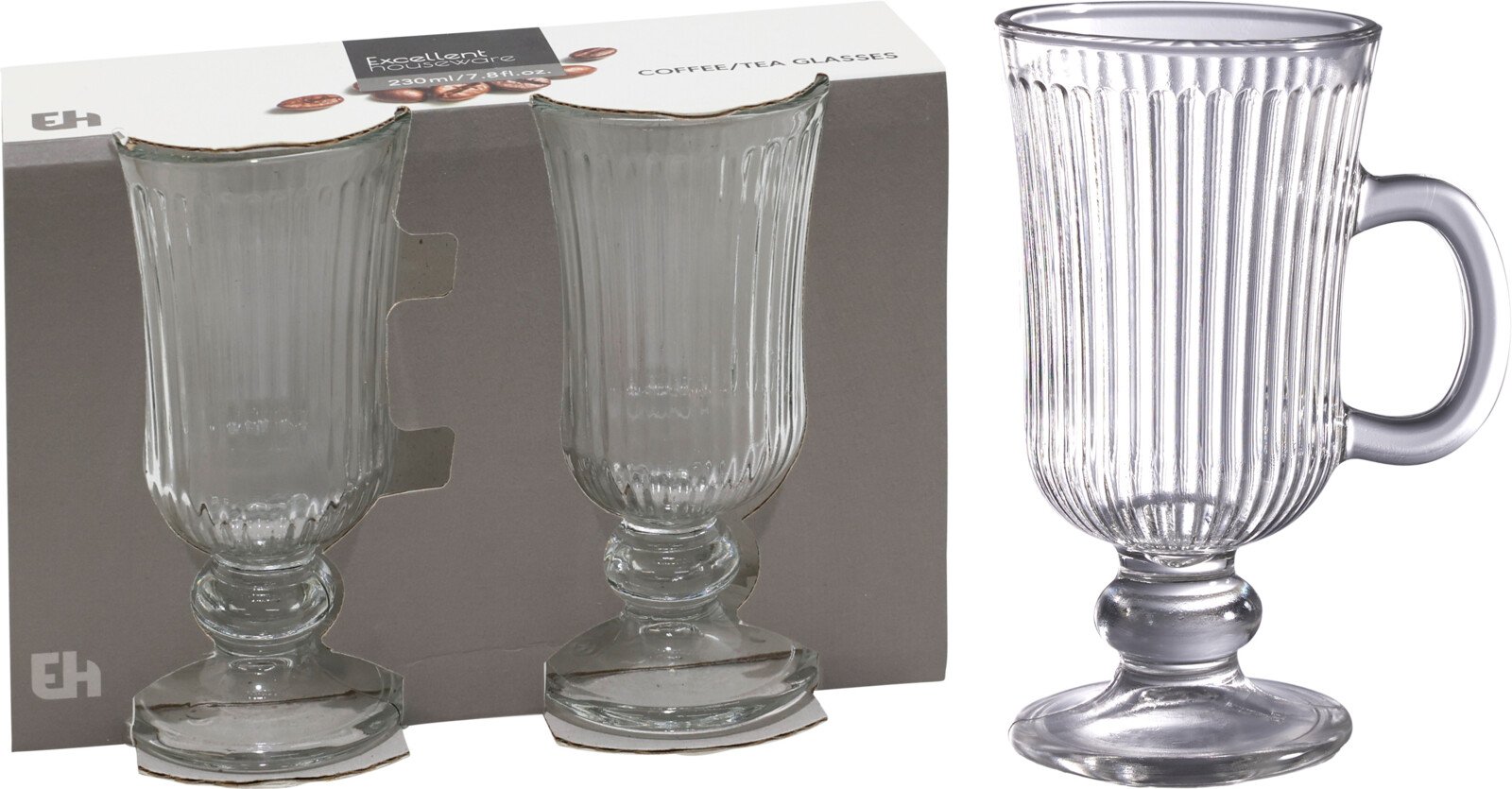 Kavos arba arbatos stiklinių ant kojelės rinkinys, 2 vnt., 230 ml, 7,5 x 14,6 cm.
