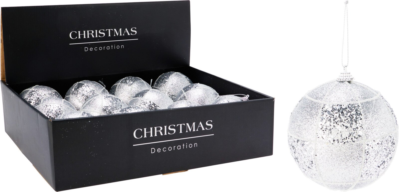 Eglutės žaisliukas, sidabro sp., su linijomis ir dideliais blizgučiais, skersmuo 10 cm