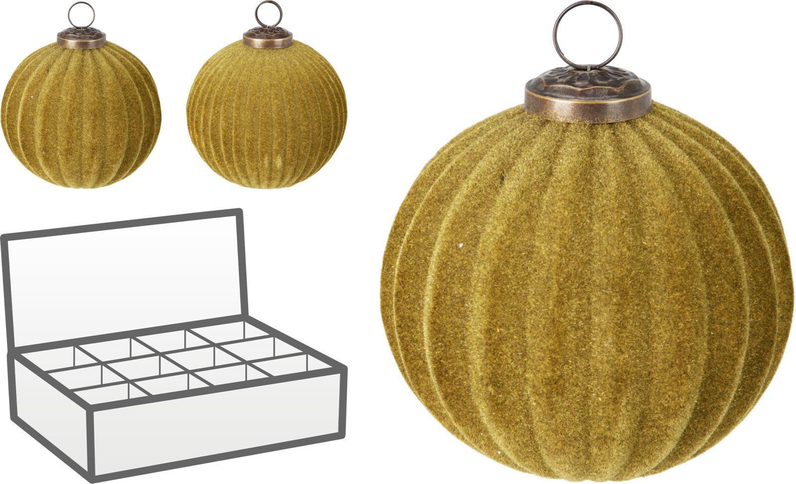 Eglutės žaisliukas, gofruotas, flokuotas stiklas, žalios sp., skersmuo 10 cm