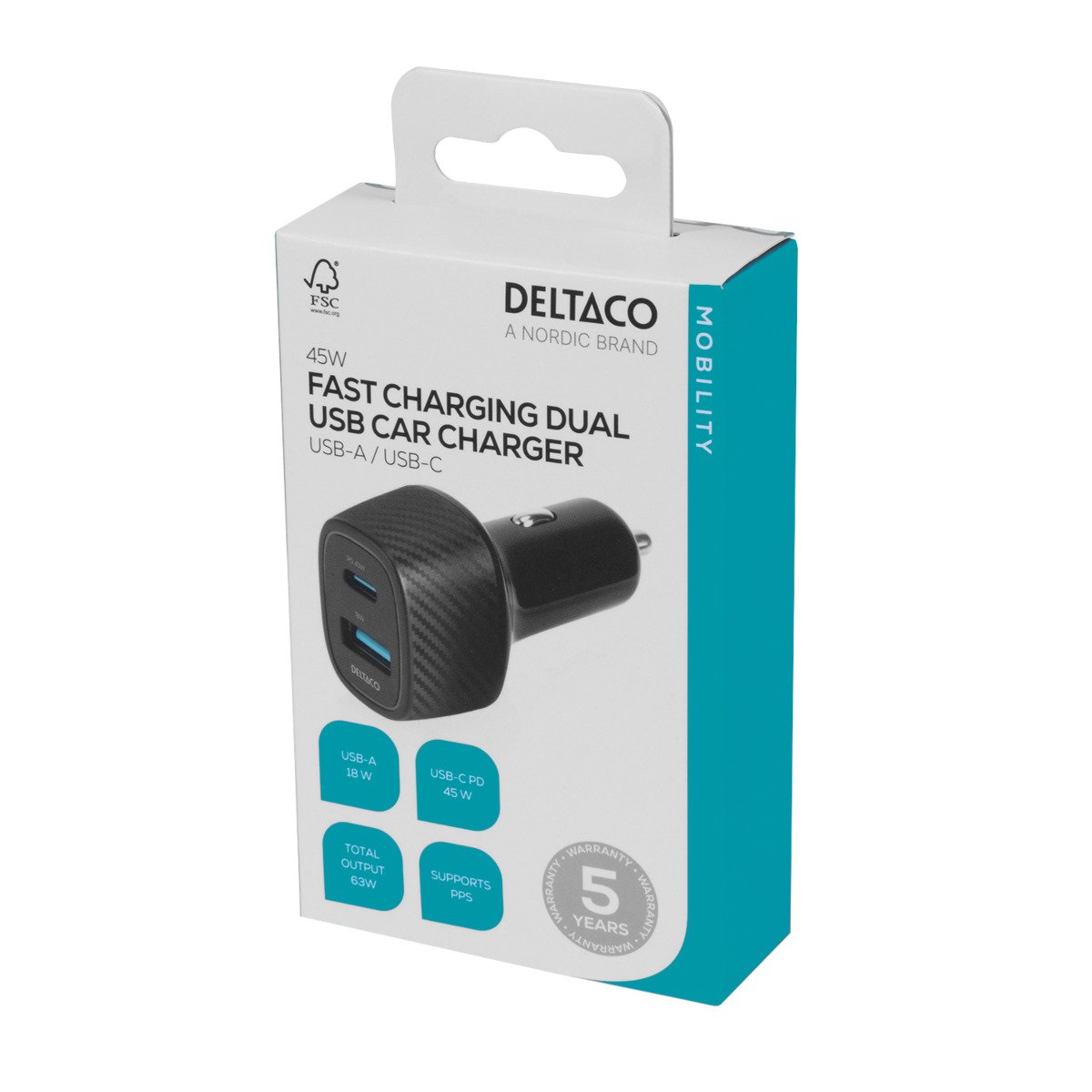 Automobilinis įkroviklis DELTACO USBC-CAR123, 1x USB-A 18 W, 1x USB-C 45 W, juodos sp.