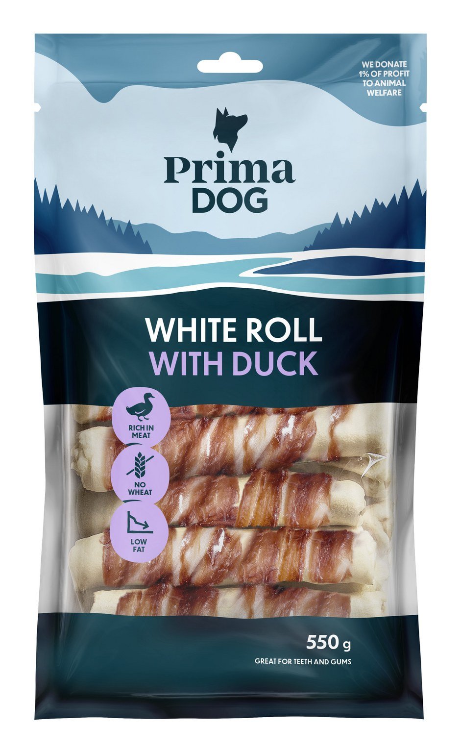 Skanėstas šunims PRIMADOG, baltas suktinis su antiena, 13cm, 15vnt, 550g