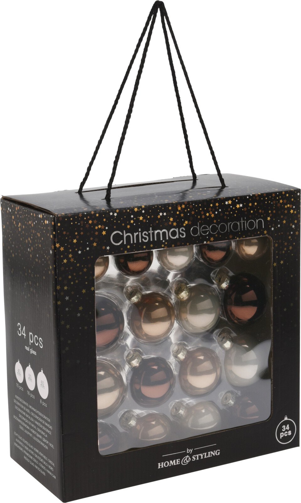 Eglutės žaisliukų rinkinys, 34 vnt., rudos sp., skersmuo 4, 5 ir 6 cm