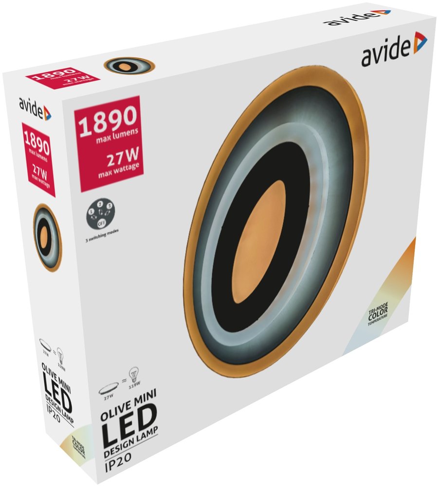 Lubinis LED šviestuvas AVIDE Olive At-9569/4425, 27 W, 200-265 V, 5000 K, 1890-2150 lm, IP20, 3 švietimo režimai, 200 x 40 mm
