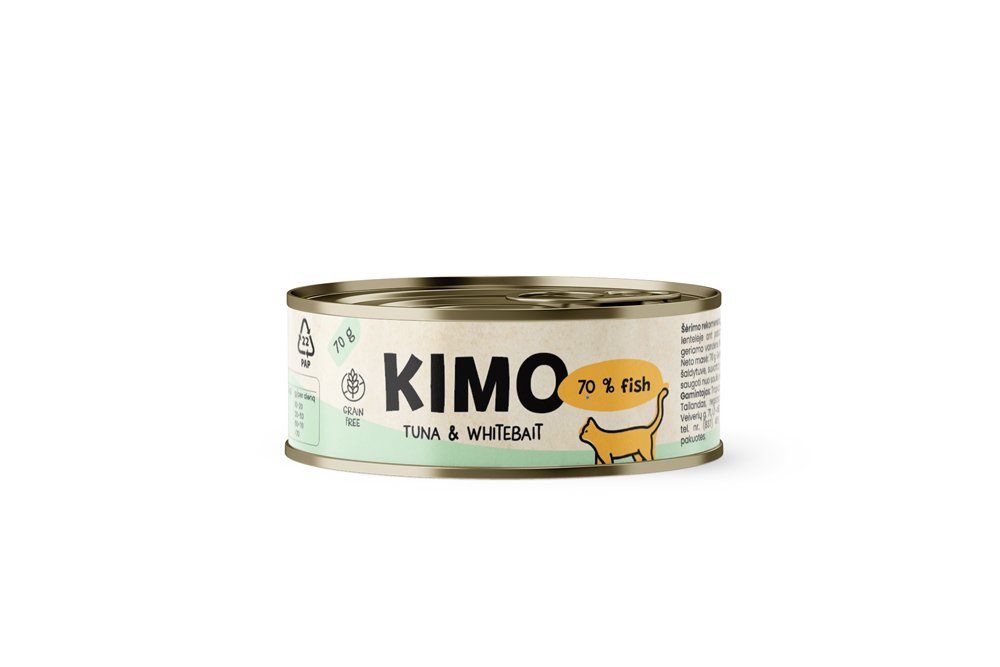 Konservuotas kačių ėdalas KIMO, suaugusioms katėms, su tunu, žuvų mailiumi ir ryžiais, 70g