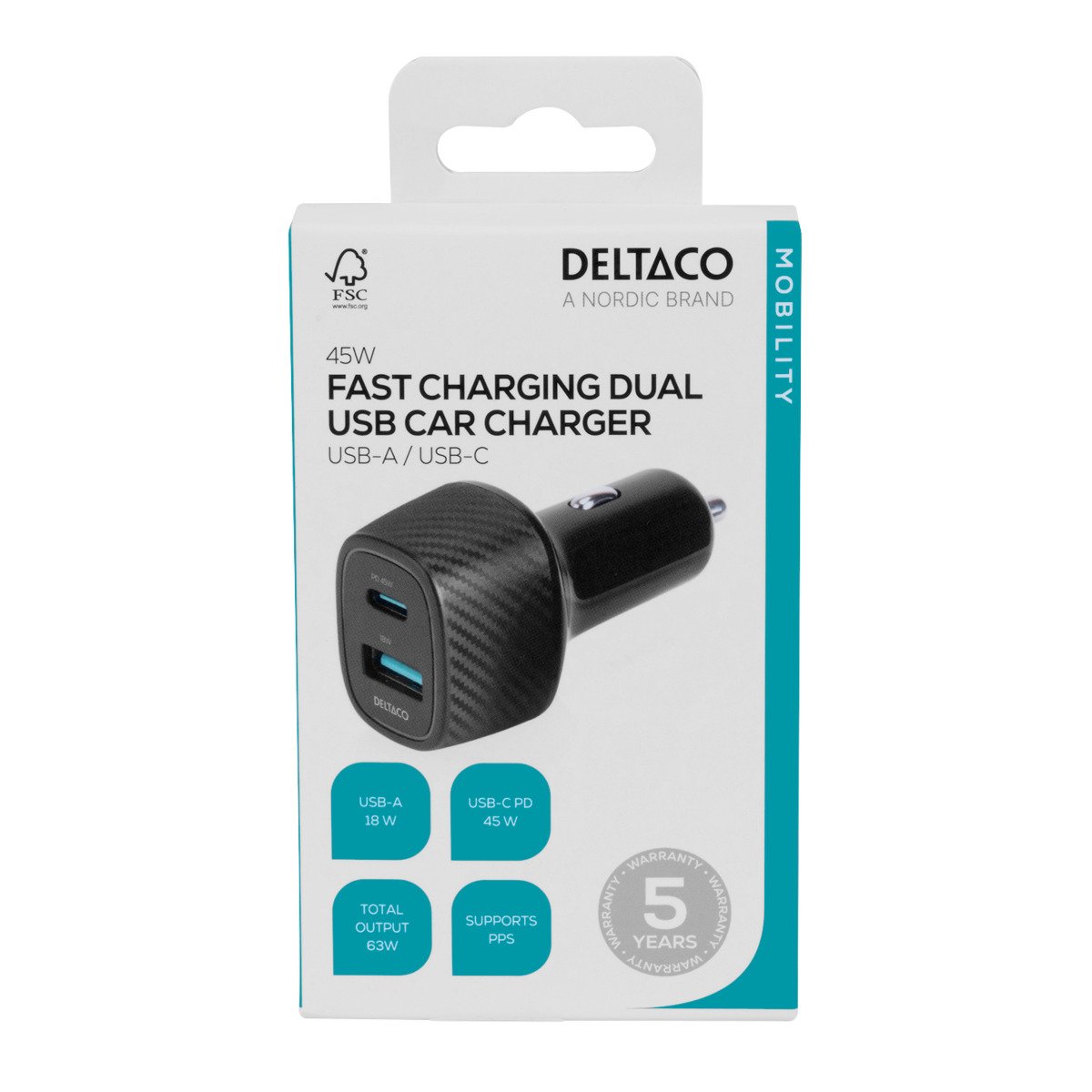 Automobilinis įkroviklis DELTACO USBC-CAR123, 1x USB-A 18 W, 1x USB-C 45 W, juodos sp.
