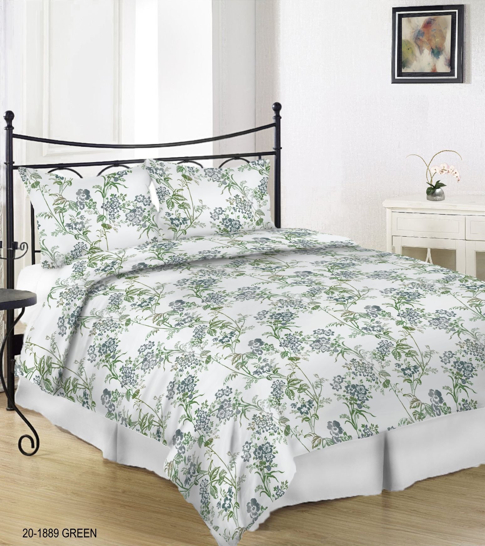 Patalynės užvalkalų komplektas KARALIŠKAS MIEGAS, 200 x 220, 50 x 70 cm, 3 dalių su užtrauktuku, gėlių rašto, žalios sp.