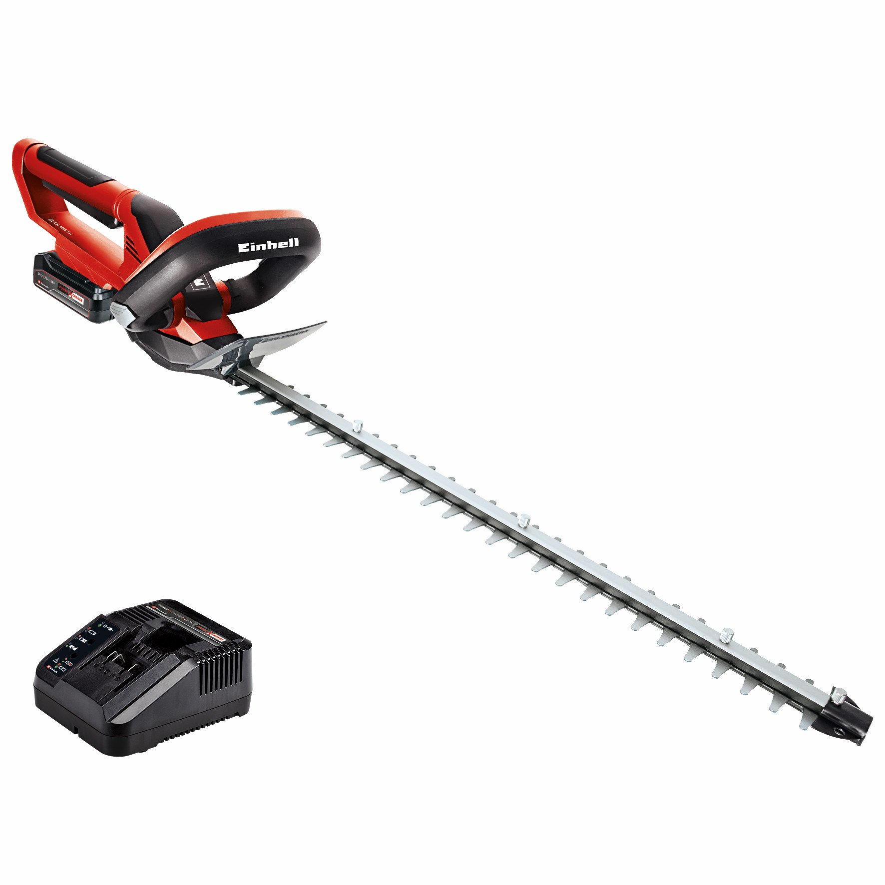 Akumuliatorinės gyvatvorių žirklės EINHELL GC-CH 1855/1 Li Kit, 18 V, darbinis plotis 62 cm, svoris 3,35 kg, 2,5 Ah akumuliatorius ir pakrovėjas