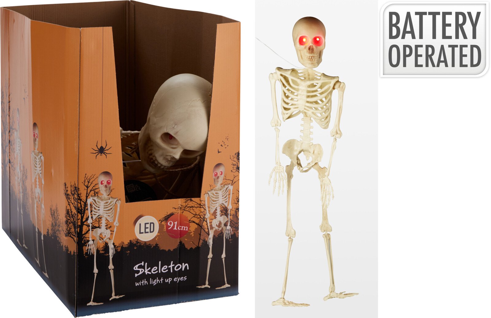 Skeletų dekoracija, Helovino, su šviečiančiomis akimis, 91 x 25,5 x 13 cm.