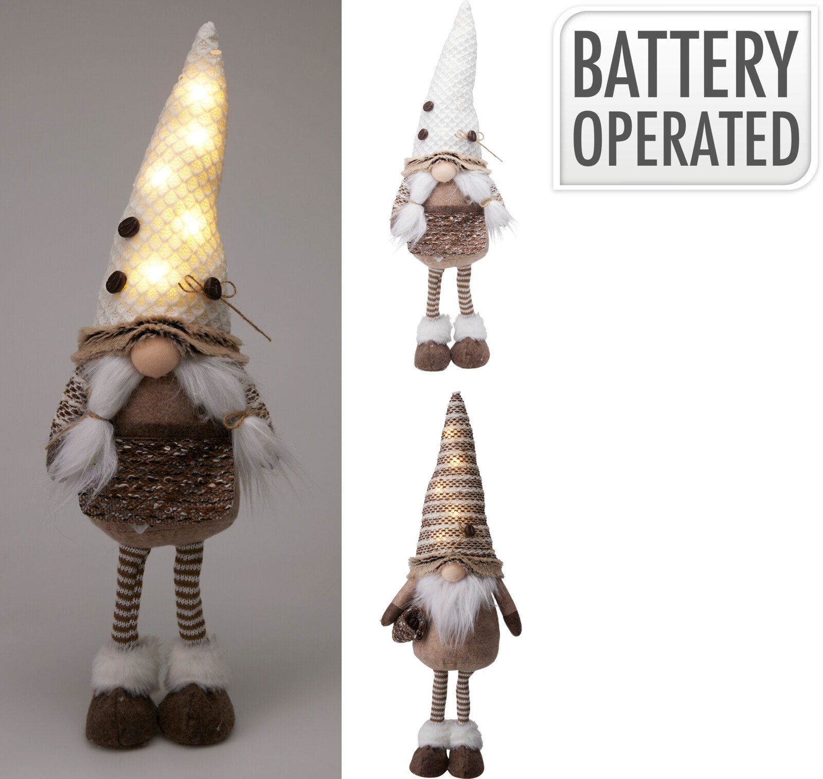 Kalėdinė LED dekoracija Nykštukas su kojomis, 2 skirtingi dizainai, rudos sp., 2 x CR2032 baterijos komplekte
