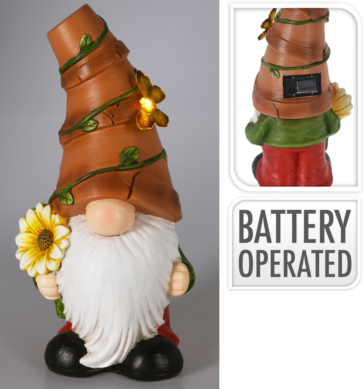 Sodo dekoracija Nykštukas, su šviečiančia kepure, įvairių sp., 22 x 17 x 42,5 cm.