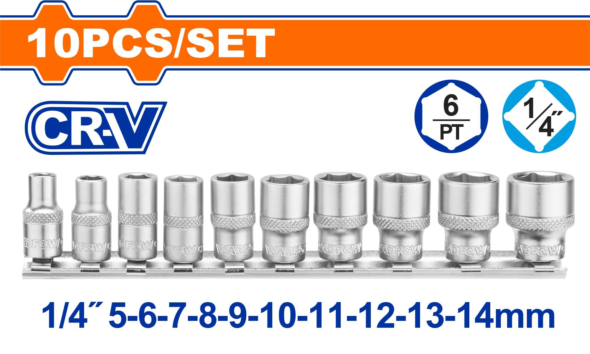 Galvučių rinkinys WADFOW, Cr-V, 1/4", 5-14 mm, 10 vnt., WST4410