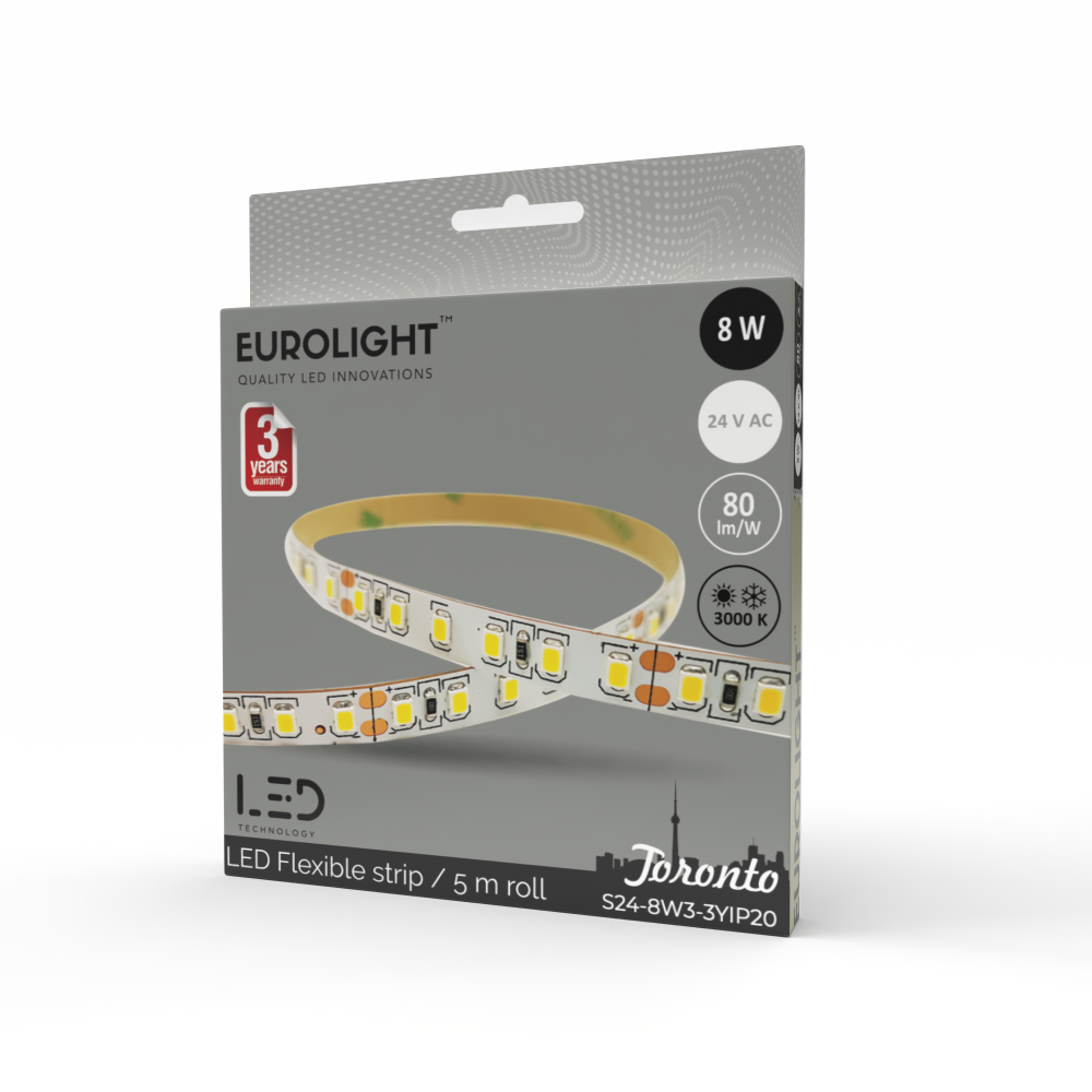 Šviesos diodų juosta EUROLIGHT Toronto, LED 5 m, 8 W / m, IP20, 3000K, 24V, 640 lm / m, 8mm pločio, S24-8W3-3YIP20