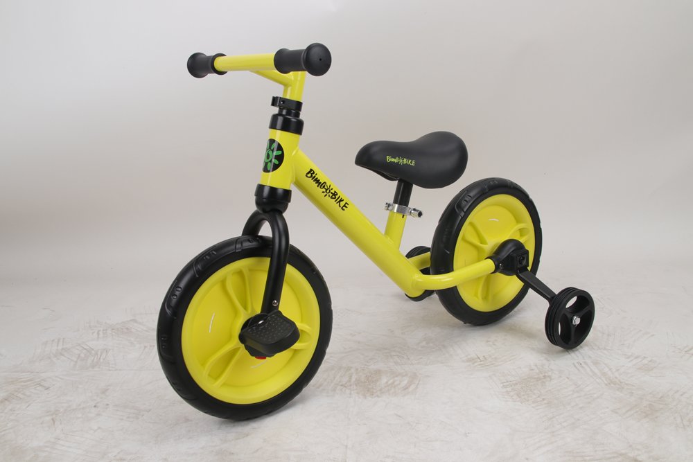 Balansinis dviratis BIMBO BIKE Balance, 11 dydis, geltonos sp. su pagalbiniais ratukais