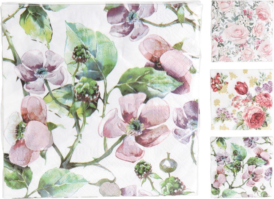 Servetėlės, 3 skirtingi gėlių dizainai, 16 vnt., 33 x 33 cm