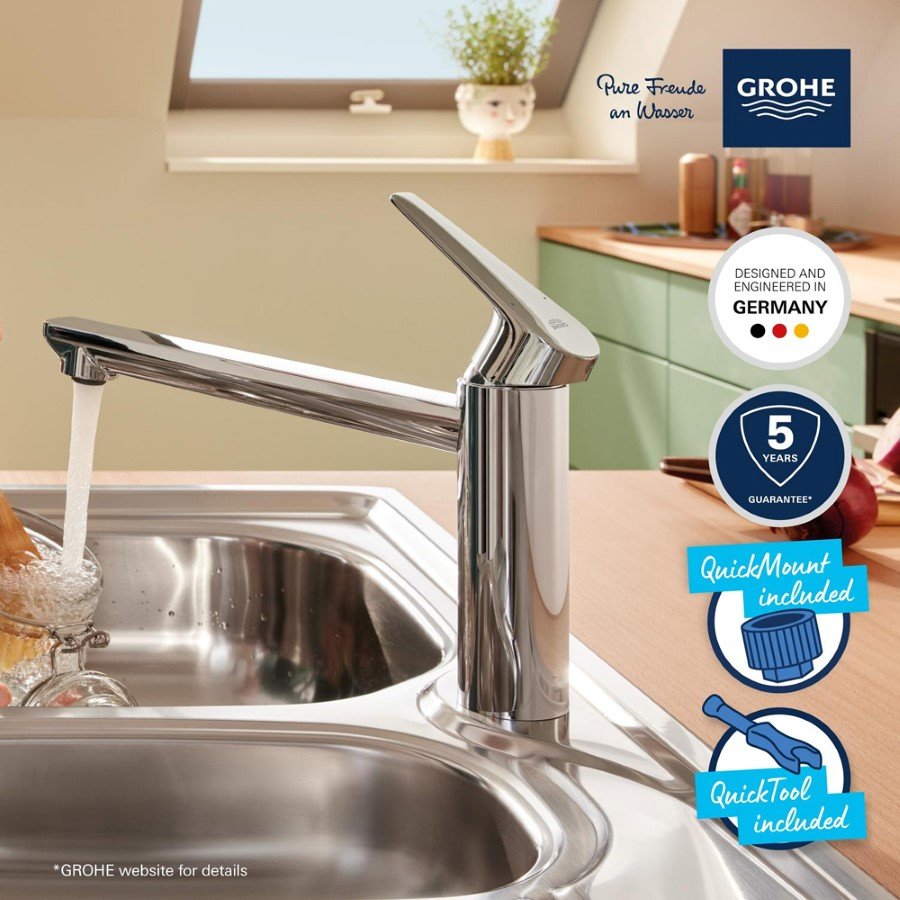 GROHE Swift - wastafelarmatuur (waterbesparend~ 18 cm hoog, middenpositie koud, incl. montagegereedschap, push-open afvoer), chroom, 24329001