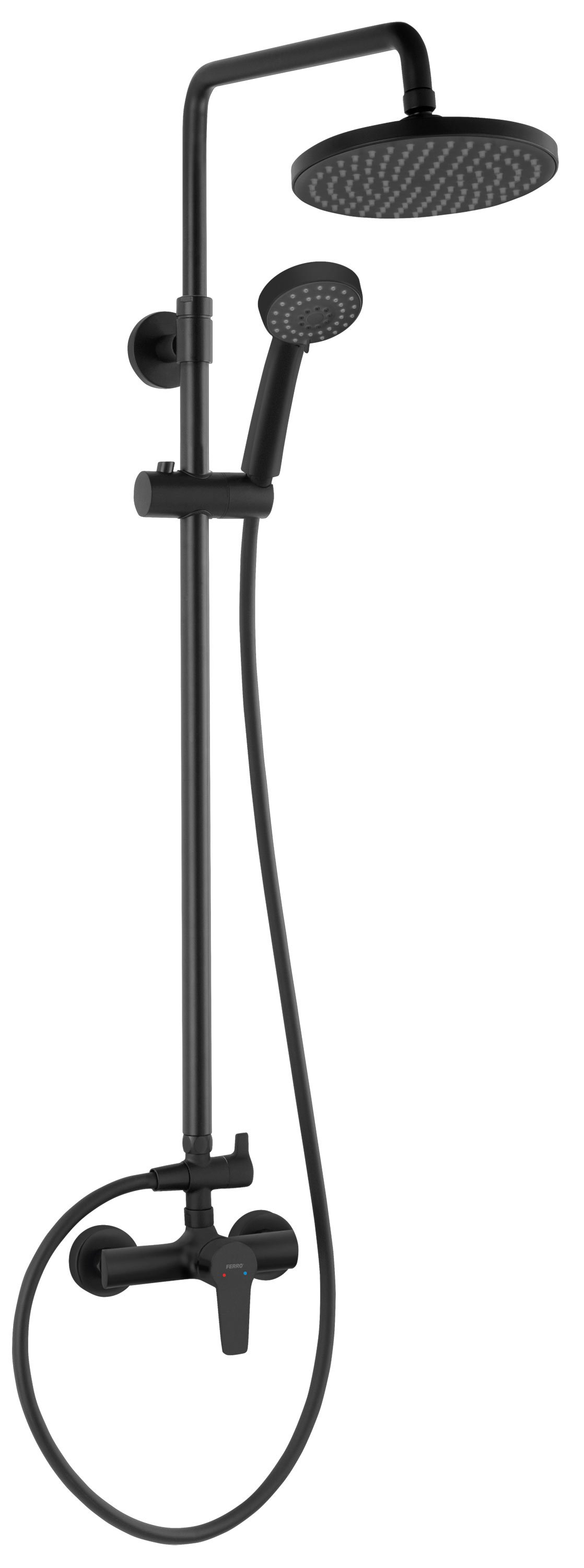 Dušo komplektas FERRO RENNTO BLACK, su maišytuvu, reg.stovas, 2 dušo galvutės, žarna 150 cm, juodas, NP84-BNT7U-BL