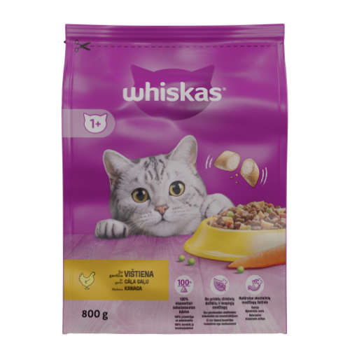 Sausas kačių ėdalas WHISKAS Adult, visavertis pašaras su vištiena, 800 g
