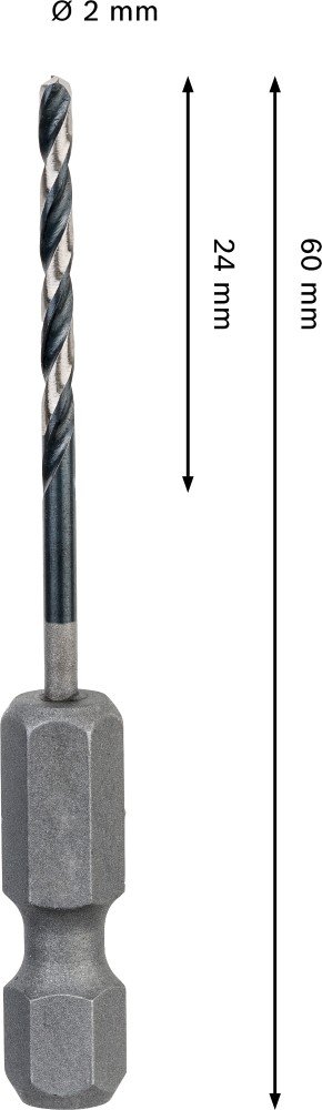 Grąžtas metalui BOSCH HSS, su šešiakampiu kotu, 2,0 mm, 2 × 24 × 60 mm