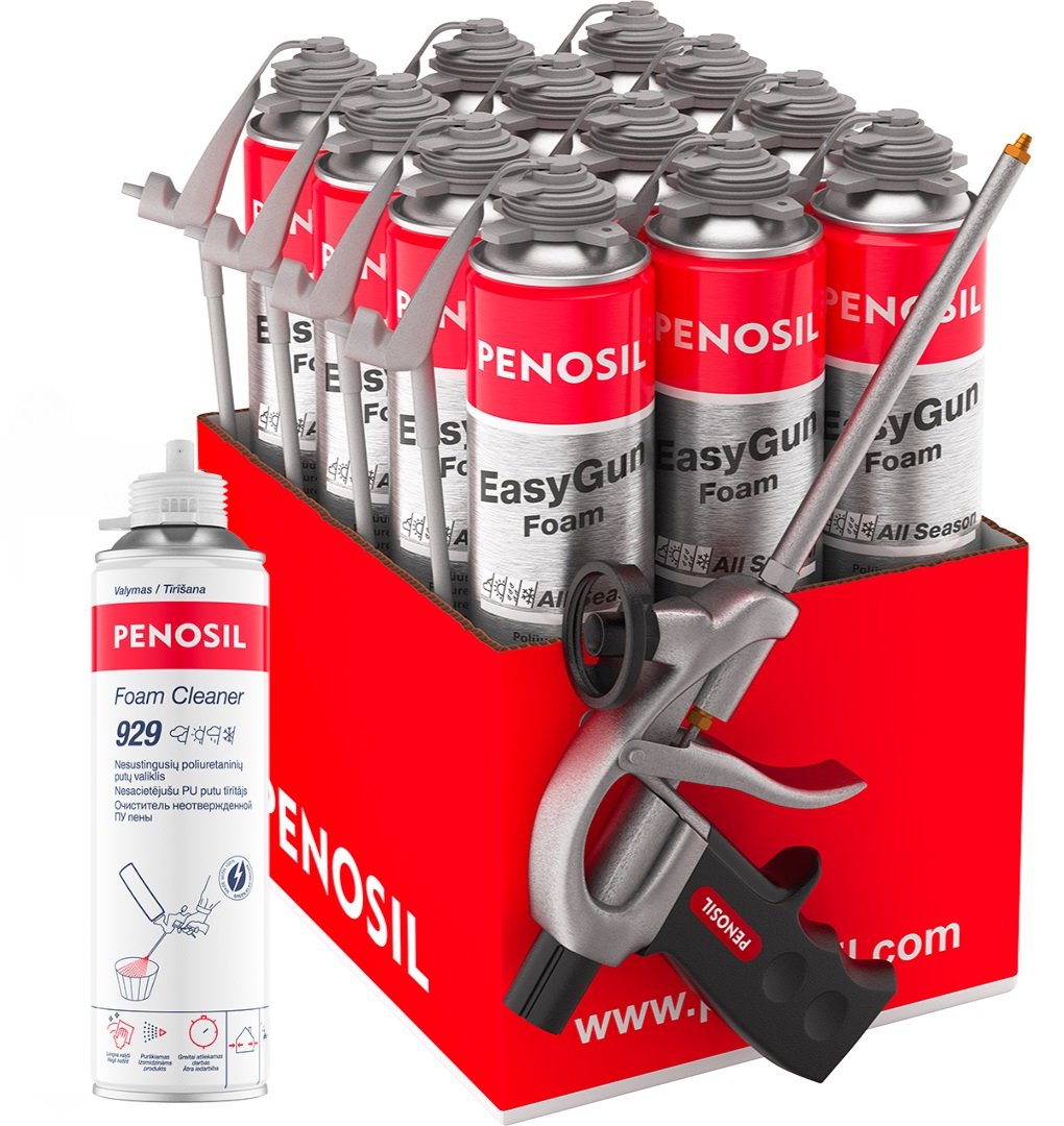 Universalios sandarinimo putos PENOSIL EasyGun All Season, 12 vnt. x 750 ml + putų valiklis Cleaner 929 + putų pistoletas C1