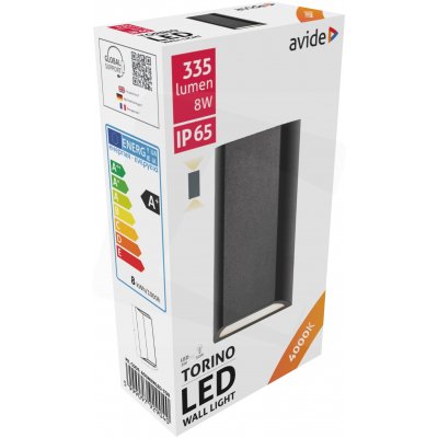 Lauko šviestuvas AVIDE Torino At-9040, LED 8W (2 x 4W), 220-240V, 4000K, 335 lm, IP65, sieninis, juodos sp., 220 x 113 x 51 mm