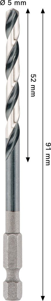Grąžtas metalui BOSCH HSS, su šešiakampiu kotu, 5,0 mm, 5 × 52 × 91 mm