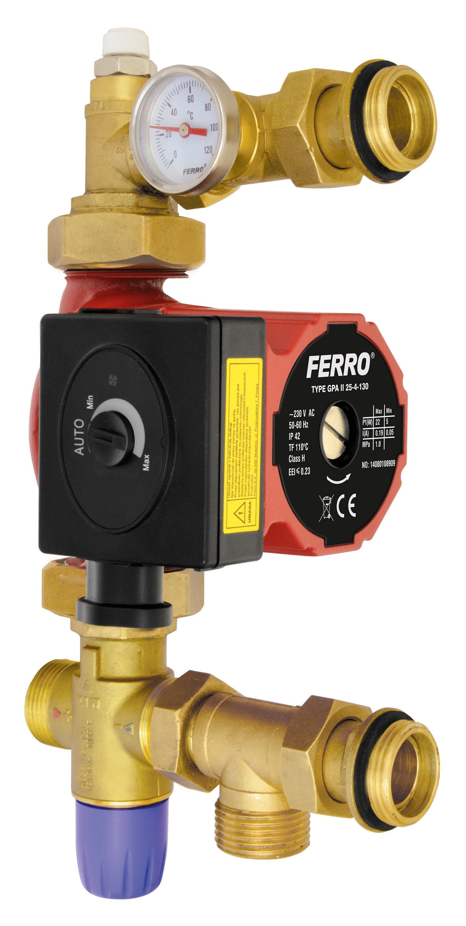 Grindinio šildymo pamaišymo modulis FERRO GM1F-40GPA, su 3-eigiu termostatiniu vožtuvu ir siurbliu 25-4-130, GM1F-40GPA