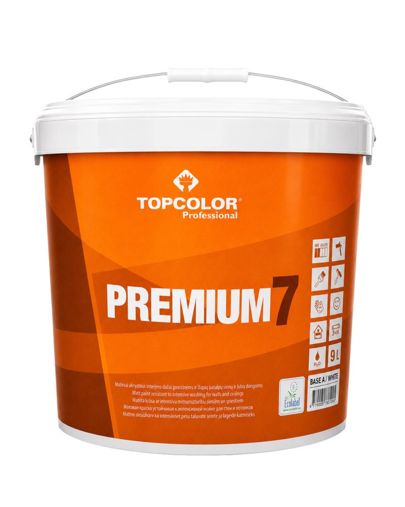 Vandeniniai vidaus dažai TOPCOLOR Premium 7, 9 L, A bazė, matiniai, ypatingai atsparūs pLovimui, sienoms