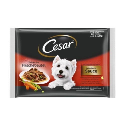 Konservai šunims CESAR, su jautiena ir morkomis, vištiena ir daržovėmis, 4x100 g