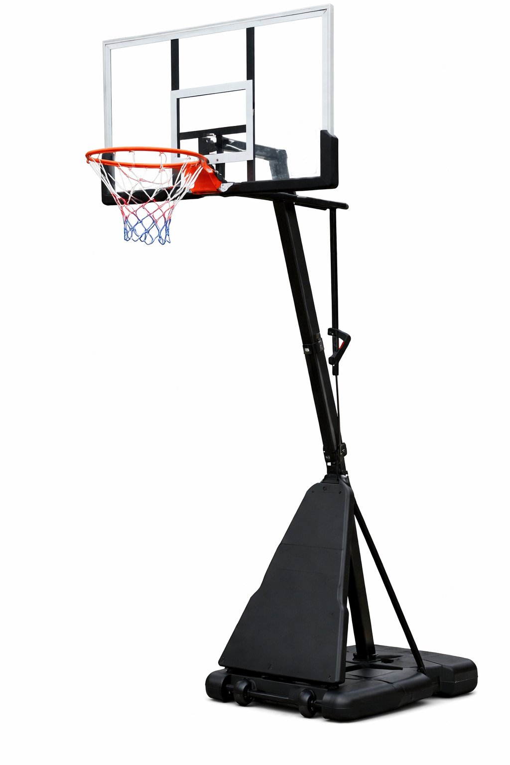 Krepšinio stovas M024, plienas, polikarbonatas, PE, juodos spalvos, d-45 cm, aukštis: 240-305 cm, lenta: 122x82 cm, pagrindas: 120x72x20 cm.