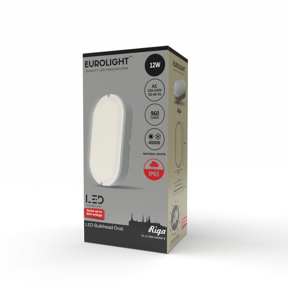 Specialiųjų patalpų LED šviestuvas EUROLIGHT Riga, 12W, 4000K, 960 lm, IP65, virštinkinis, baltos sp., ovalo formos, PL-O-12W-4000K-E