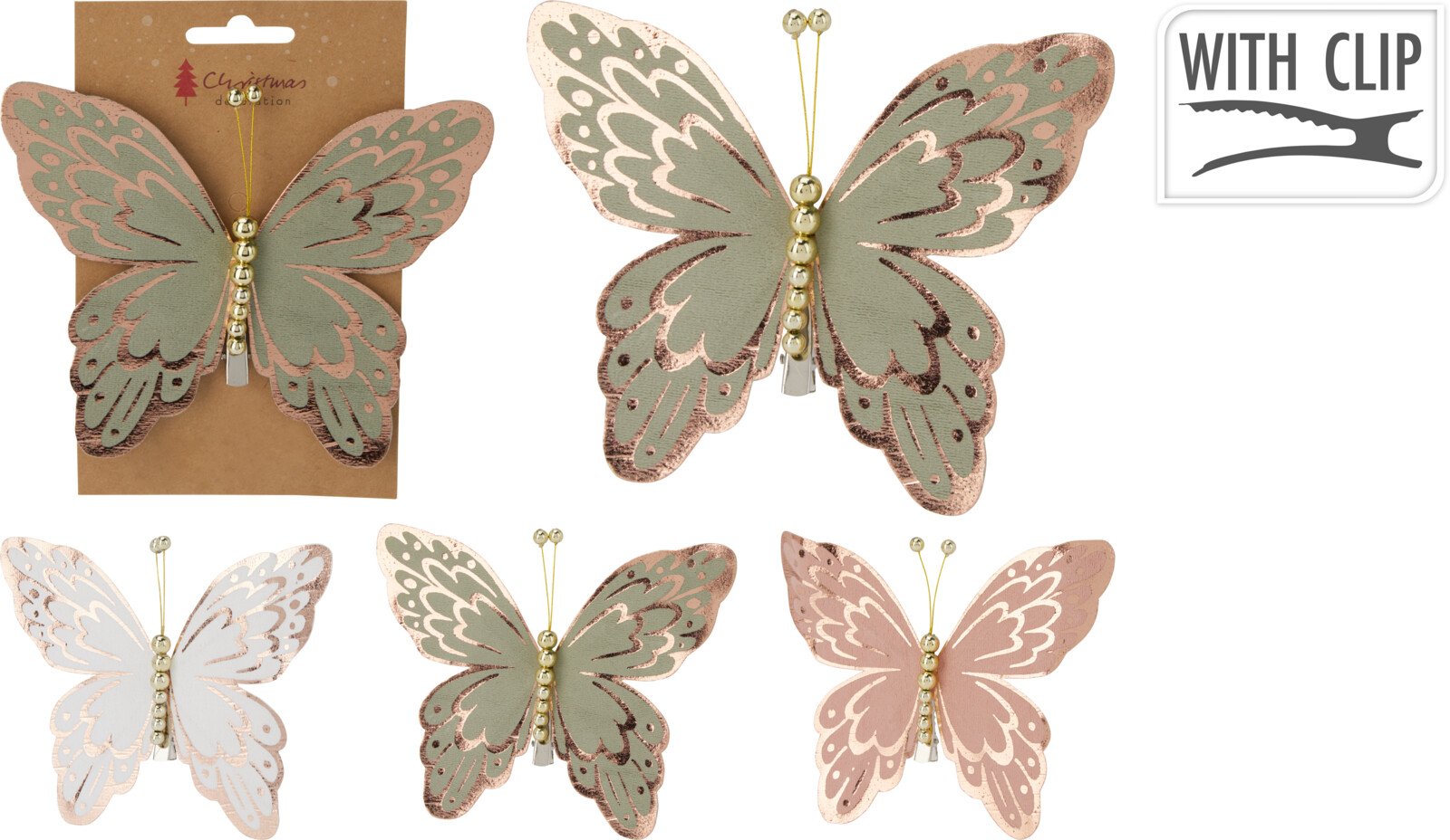 Kalėdinė dekoracija Drugelis, 3 vnt., su segtuku, 3 skirtingos sp., 15 x 12 x 1,5 cm