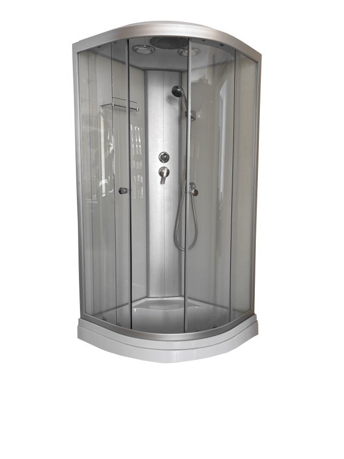 Dušo kabina ET-6019 SKCH, 90 x 90 cm, ketursienė, pusapvalė, 4 mm skaidrus stiklas, matinis profilis, 15 cm žemas padėklas