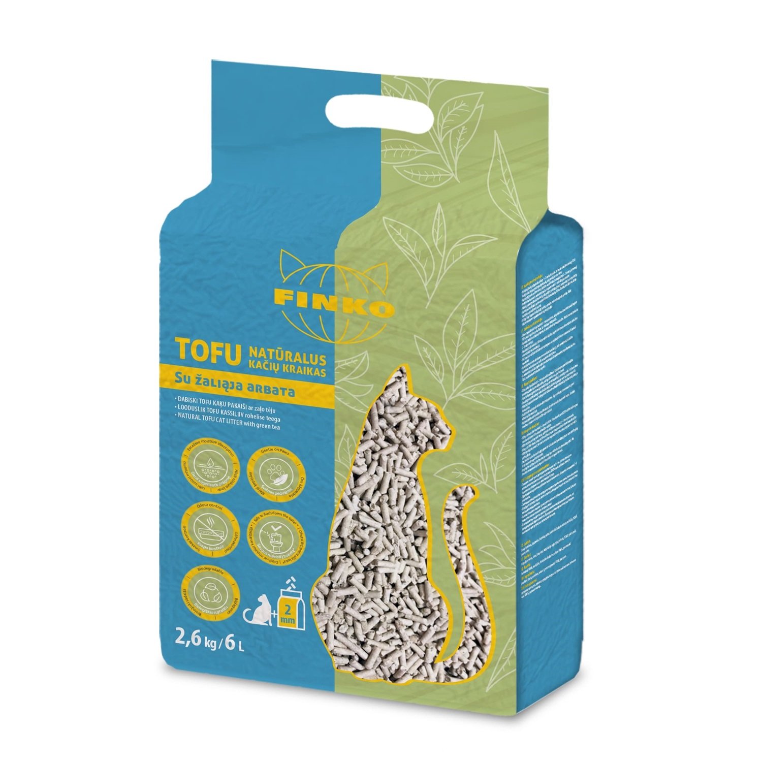 Kraikas katėms FINKO TOFU , su žaliosios arbatos ekstraktu, 2 mm granulė, 2,6 kg/6 l