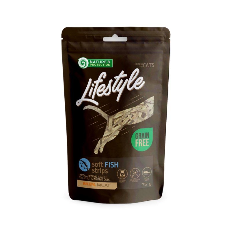 Skanėstas katėms NATURE'S PROTECTION LIFESTYLE, minkštos žuvies juostelės, 75g