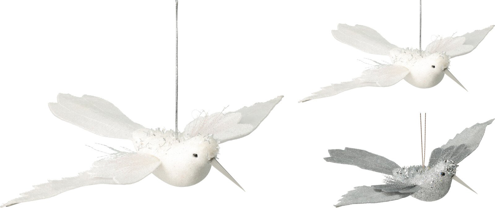 Kalėdinė dekoracija Kolibris, pakabinama, su plunksnomis, 2 spalvų (balta, pilka), 22 x 24,5 x 5 cm