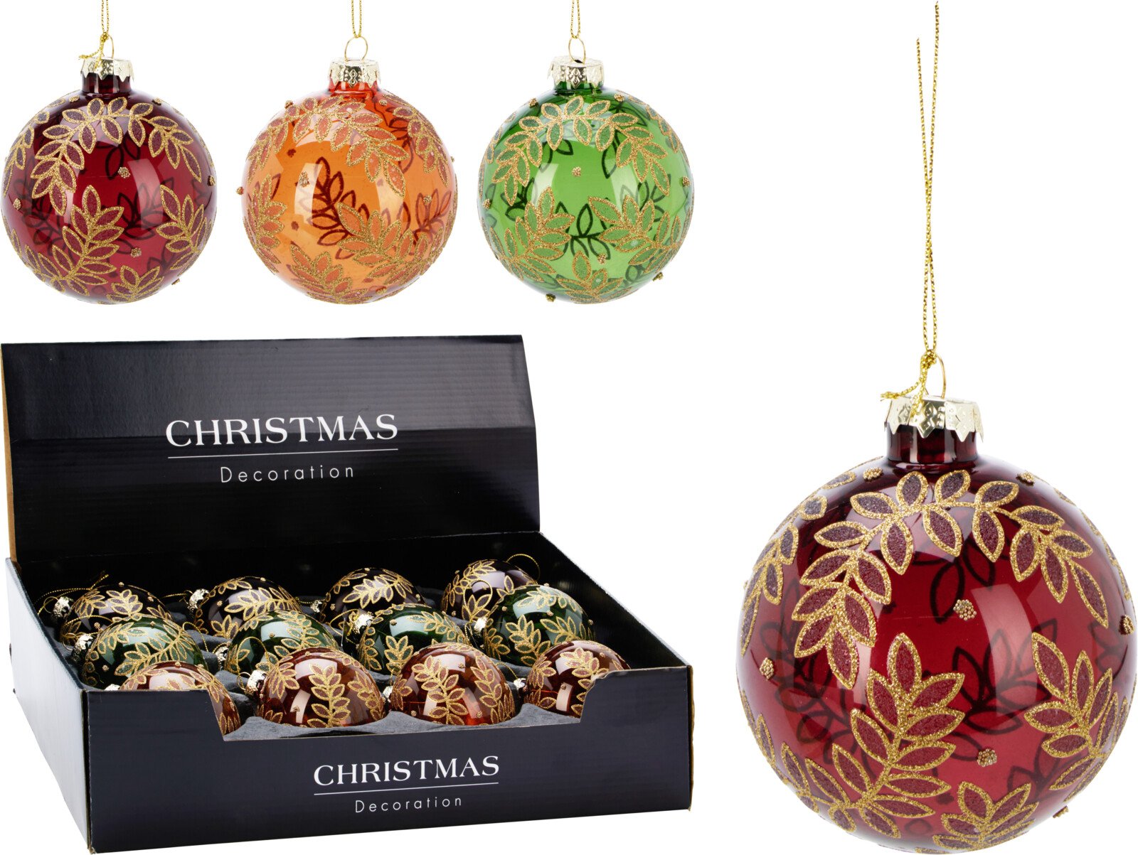 Eglutės žaisliukas, stiklas, 3 skirtingos sp., su blizgiais lapų ornamentais, skersmuo 8 cm