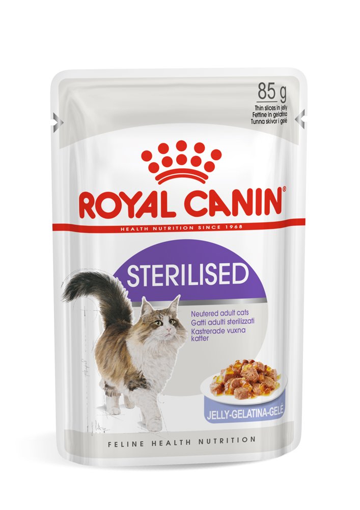 Konservuotas kačių ėdalas ROYAL CANIN, suaugusioms sterilizuotoms katėms ir kastruotiems katinams (ploni griežinėliai drebučiuose), 12 vnt x 85 g