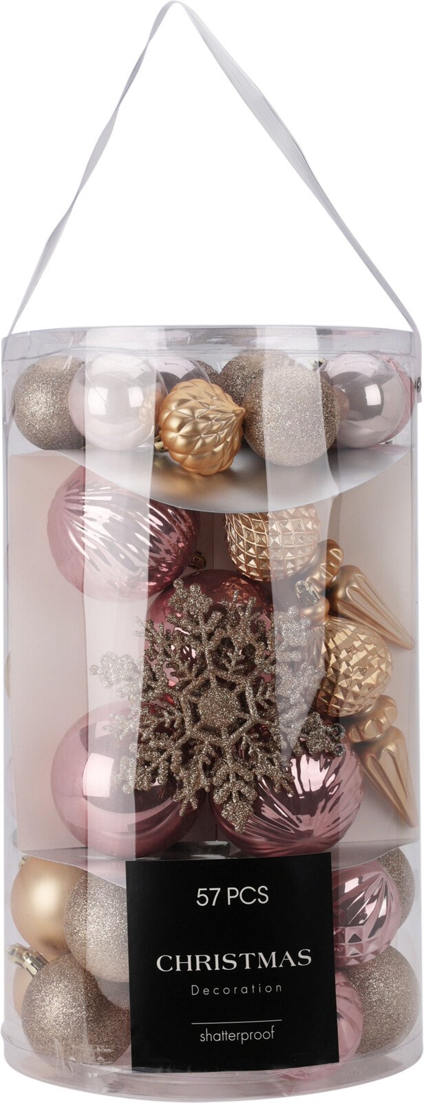 Eglutės žaisliukų rinkinys, 57 vnt., įvairių spalvų ir formų (kamuoliai, svogūnai, varvekliai, viršūnės, snaigės)