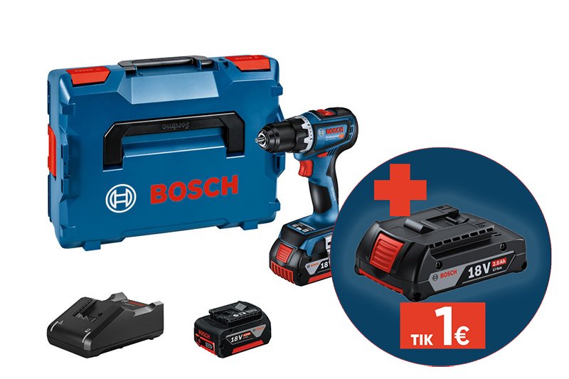 Akumuliatorinis suktuvas BOSCH Professional GSR 18 V-90, 18 V, komplekte 2 x 4,0 Ah akumuliatoriai ir kroviklis, lagaminas, 06019K6003