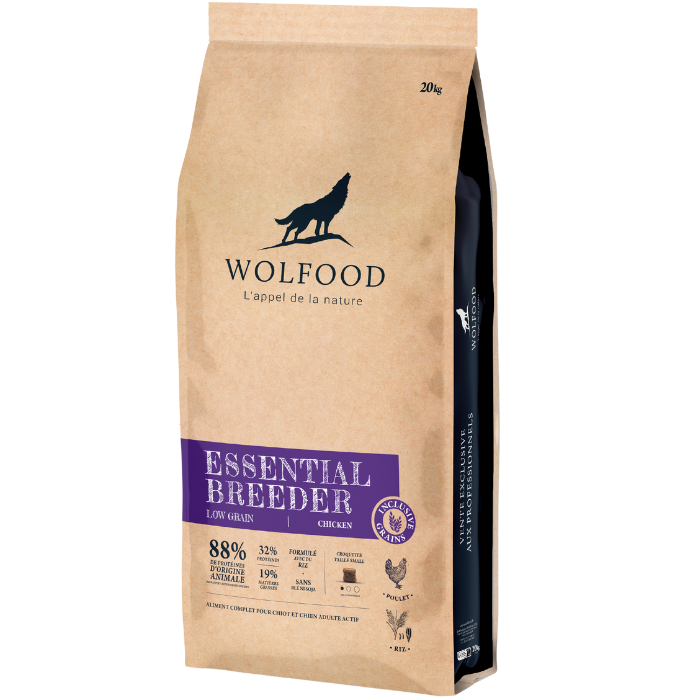 Sausas šunų ėdalas WOLFOOD Essential, šuniukams, kalytei nėštumo ar laktacijos metu ir aktyviems suaugusiems šunims, su vištiena ir ryžiais, 20 kg