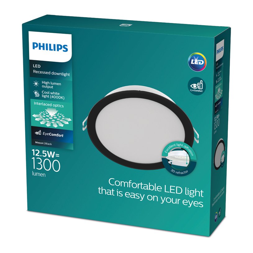 Montuojamas šviestuvas panelė PHILIPS Meson, įleidžiama, LED 12,5 W, 4000K, 1300lm, apvali, juodos sp., 140 mm skersmens