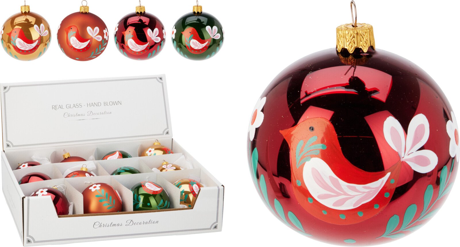 Eglutės žaisliukas Paukštis, stiklas, 4 skirtingos sp., skersmuo 8 cm