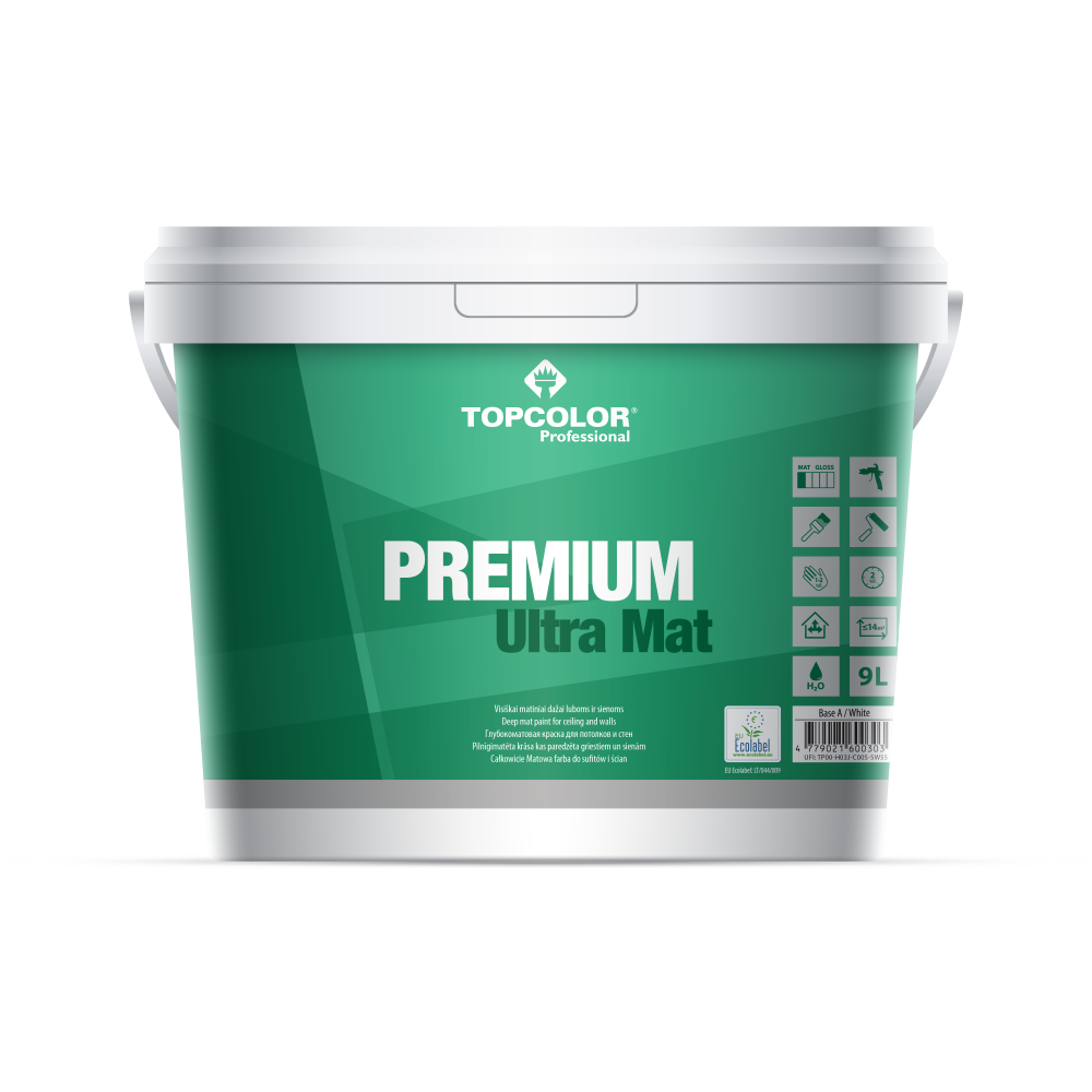Vandeniniai vidaus dažai TOPCOLOR Premium Ultra Mat, 9 l, balti, matiniai