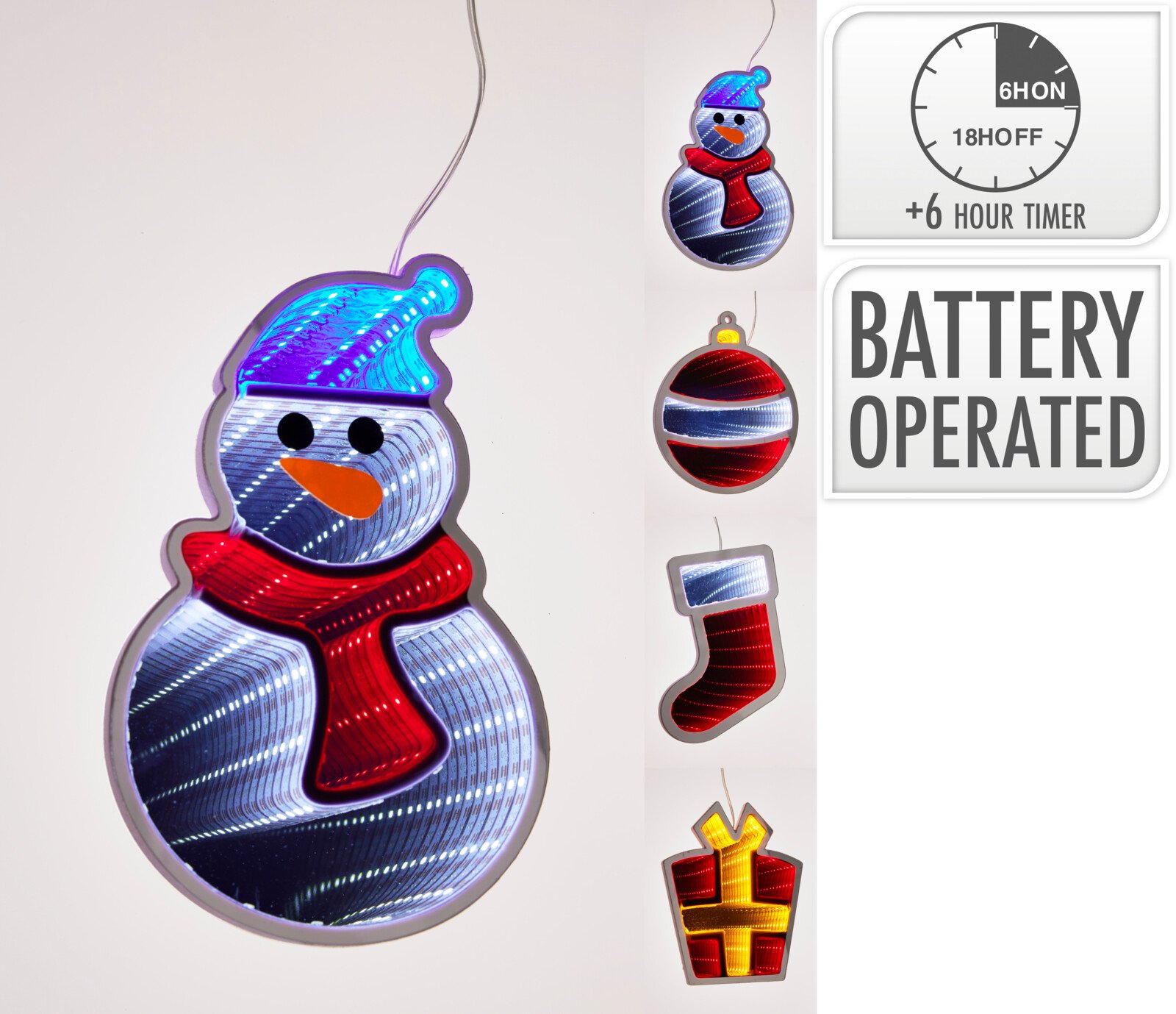 Kalėdinė LED dekoracija, įvairūs dizainai (sniego senis, kojinė, dovana, kamuolys), be baterijų, vidaus naudojimui