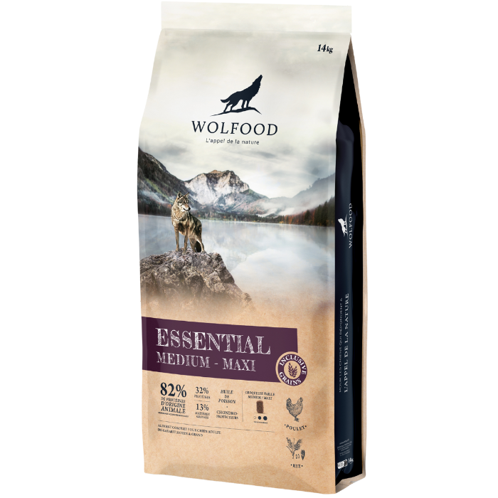 Sausas šunų ėdalas WOLFOOD Essential, be grūdų, vidutinio ir didelio dydžio suaugusiems šunims, visavertis ir subalansuotas pašaras, 14 kg