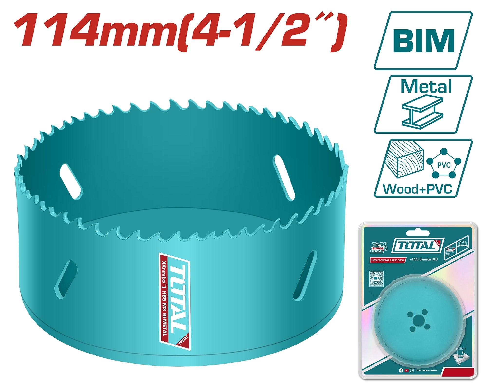 Gręžimo karūnėlė TOTAL, HSS M3 Bi-metal, 4-6 TPI, 114 mm, TAC4111412