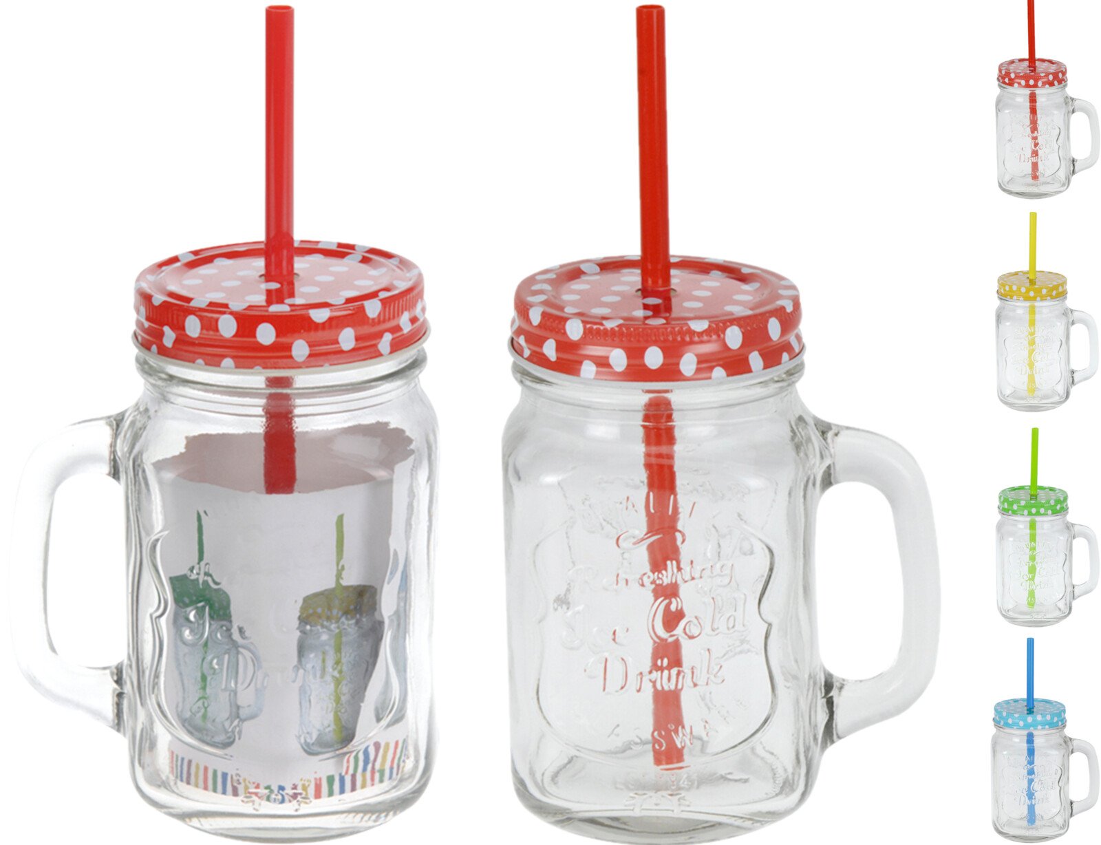 Stiklinė su šiaudeliu ir rankenėle, 4 skirtingi dizainai, 450 ml