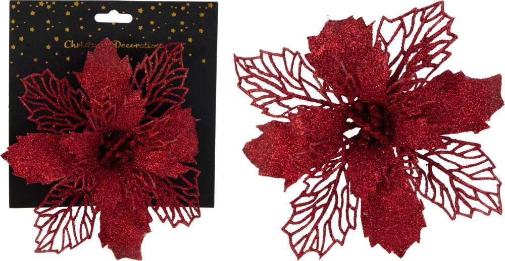 Kalėdinė dekoracija Gėlė, su segtuku, raudonos sp., su blizgučiais, 2 skirtingi dizainai, 16 cm