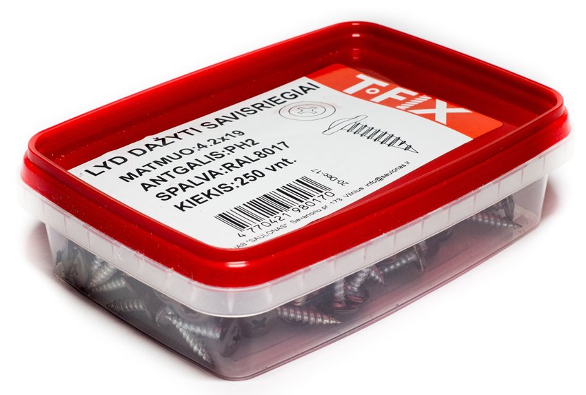 Savisriegiai į metalą T-FIX, RAL 3009, cinkuoti, 4,2 x 19 mm, 250 vnt.