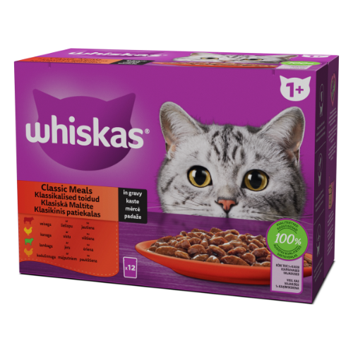 Konservuotas kačių ėdalas WHISKAS, su mėsa, suaugusioms katėms, 12x85 g